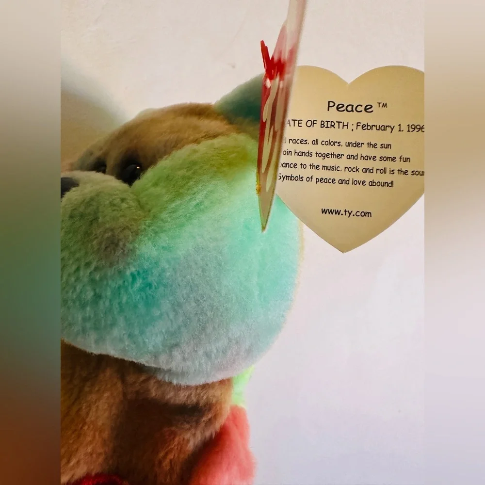 Ty Peace Bear Beanie Baby PVC Pellets Tag Errors No UK, Comma Rare Tie Dye